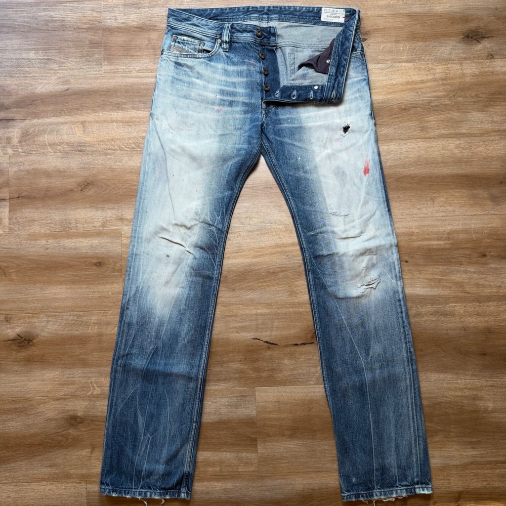 Diesel Safado Jeans Men 31x32 Blue Slim Straight Distressed Paint Splatter 008L9